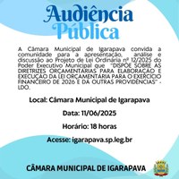 Audiência Pública sobre a LDO 2026 será realizada no dia 11 de junho, às 18h