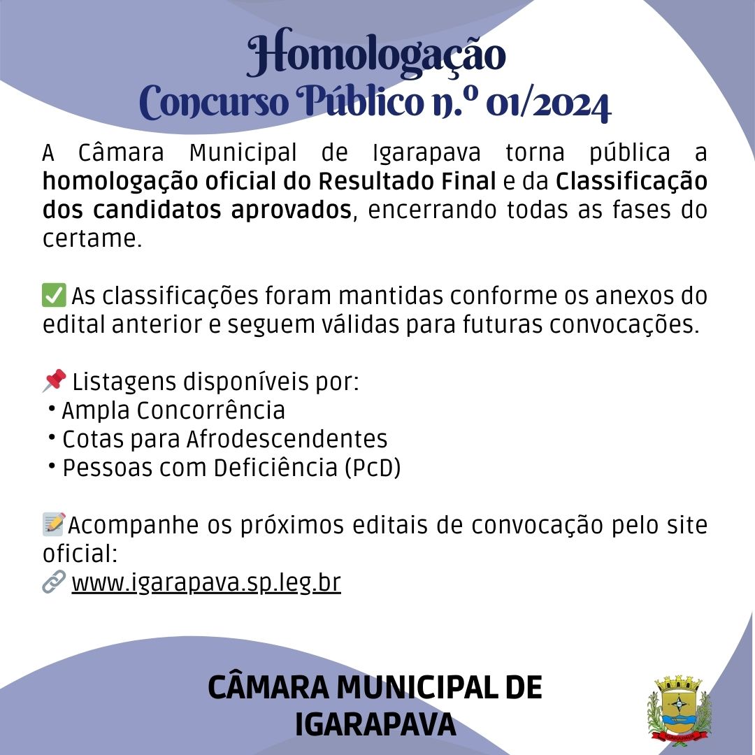  Concurso Público nº 01/2024 tem resultado final homologado