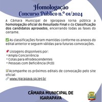  Concurso Público nº 01/2024 tem resultado final homologado
