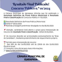 Resultado Final e Classificação Geral são publicados – Concurso Público nº 01/2024