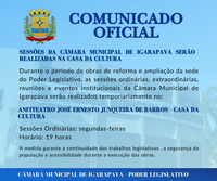 Sessões da Câmara Municipal passarão a ser realizadas na Casa da Cultura