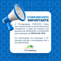 UTILIDADE PÚBLICA – PROVA DE VIDA E ANTECIPAÇÃO DO 13º SALÁRIO - PREVIGARAPAVA